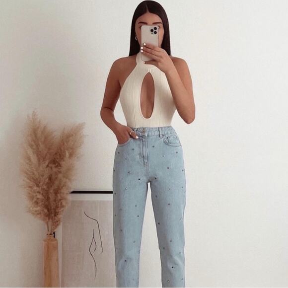 Zara Cream Bodysuit Knit Cut Out Halter Neck Size XL - Picture 2 of 9